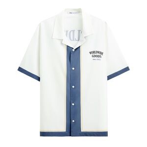 Zara White Short-Sleeve Bowling Shirt with Blue Trim